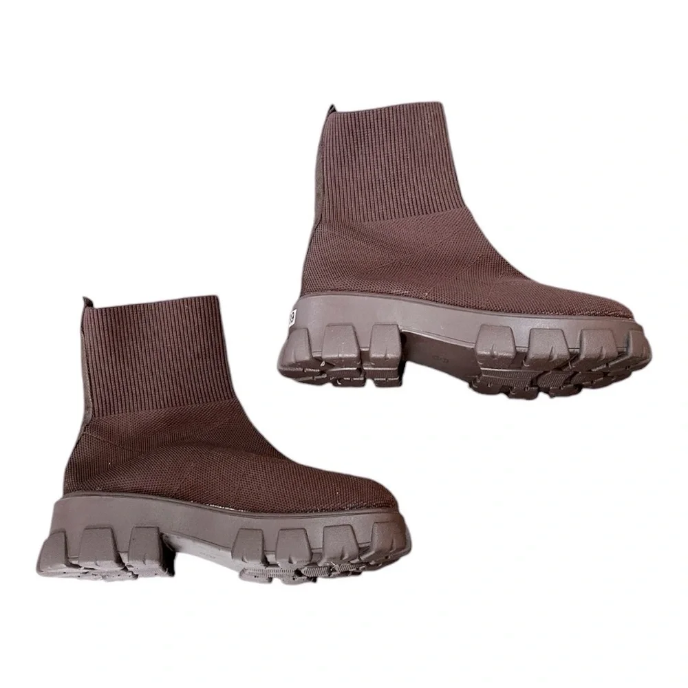 Chelsea Moto Boots 39 Sz 8.5 NWOT Chunky Casual Fall Brown Woven Sock Knit Ankle